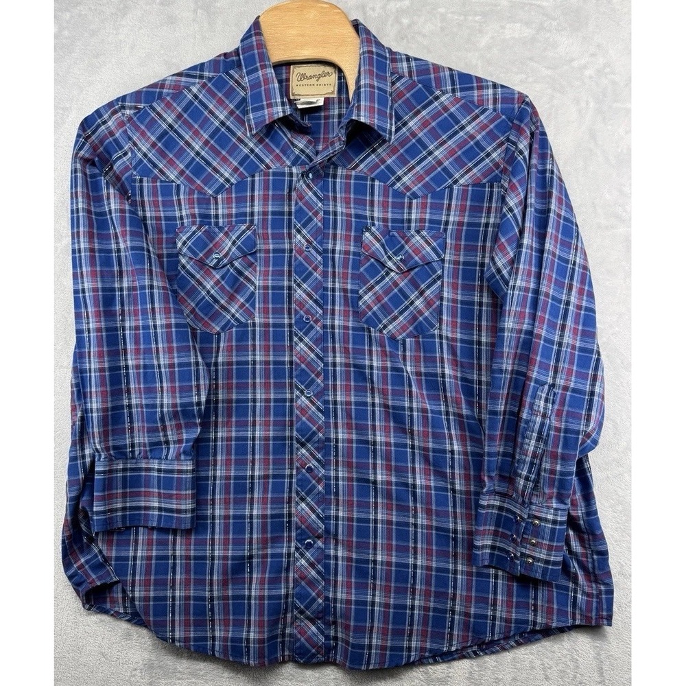 Wrangler Pearl Snap Blue Plaid Button Down Shirt Men's Size 2XL EUC